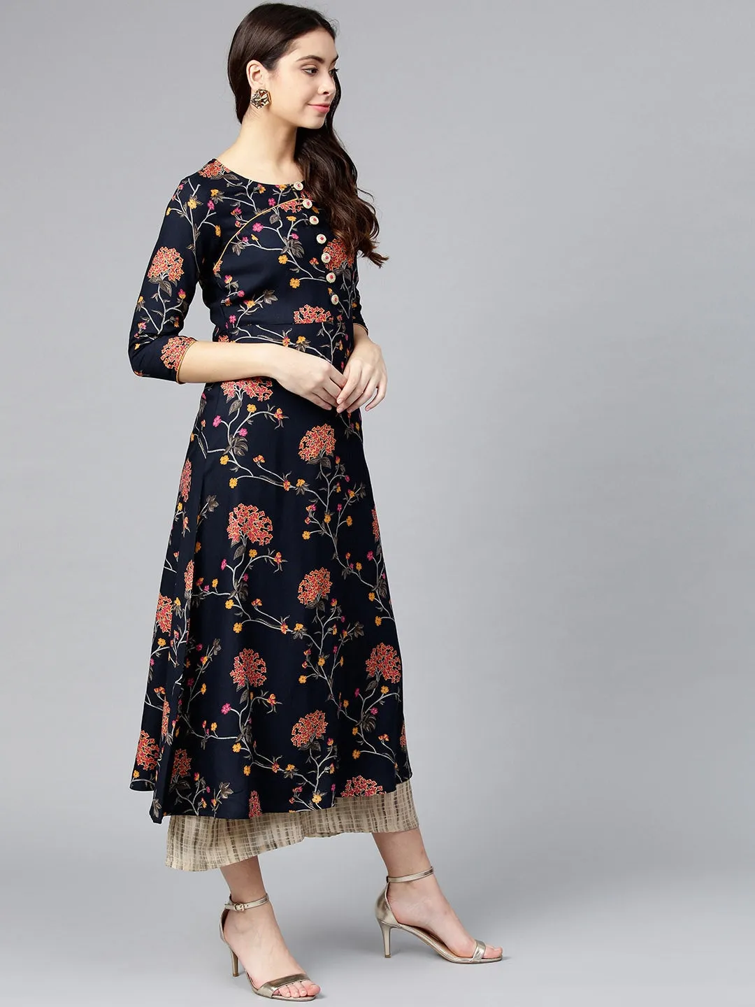 Women Navy & Pink Printed Kurta