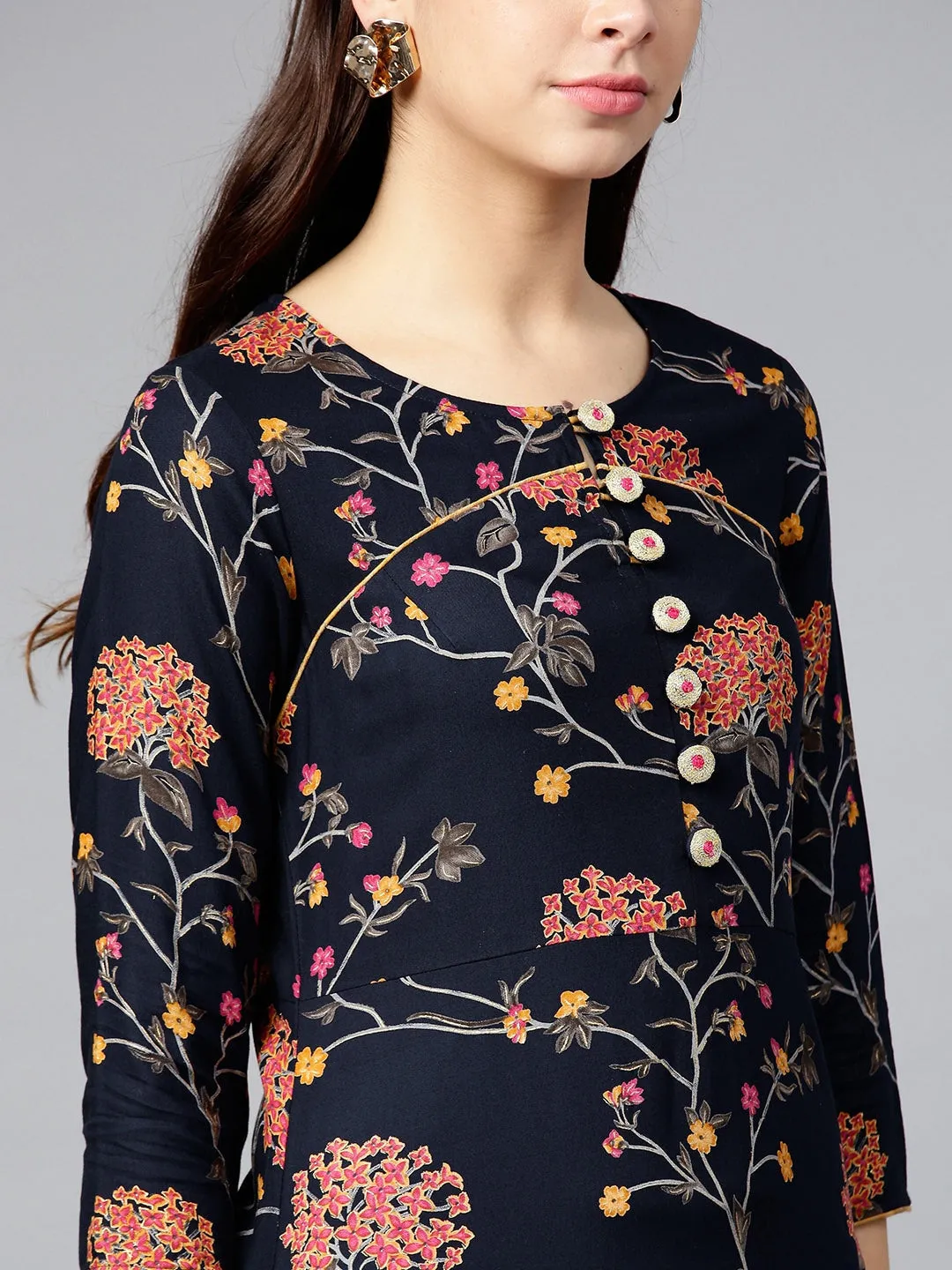 Women Navy & Pink Printed Kurta