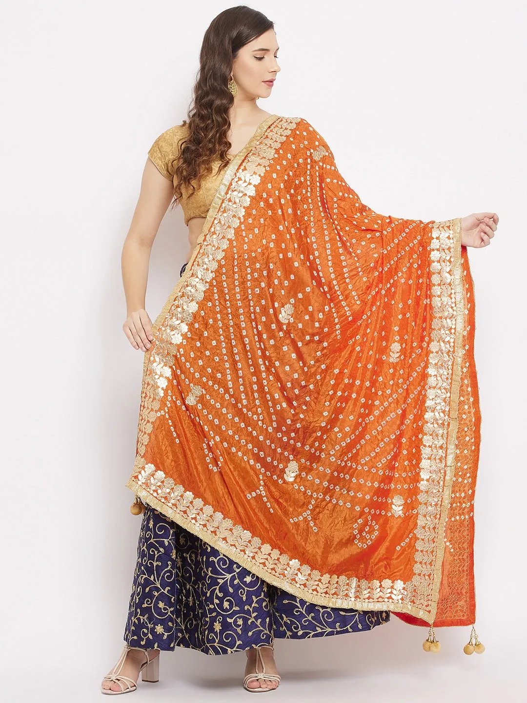 Women Orange Bandhani Tie & Dye Dupatta