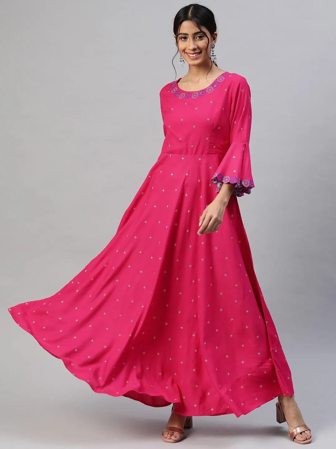 Women Pink Floral Fit  Flare Maxi Dress