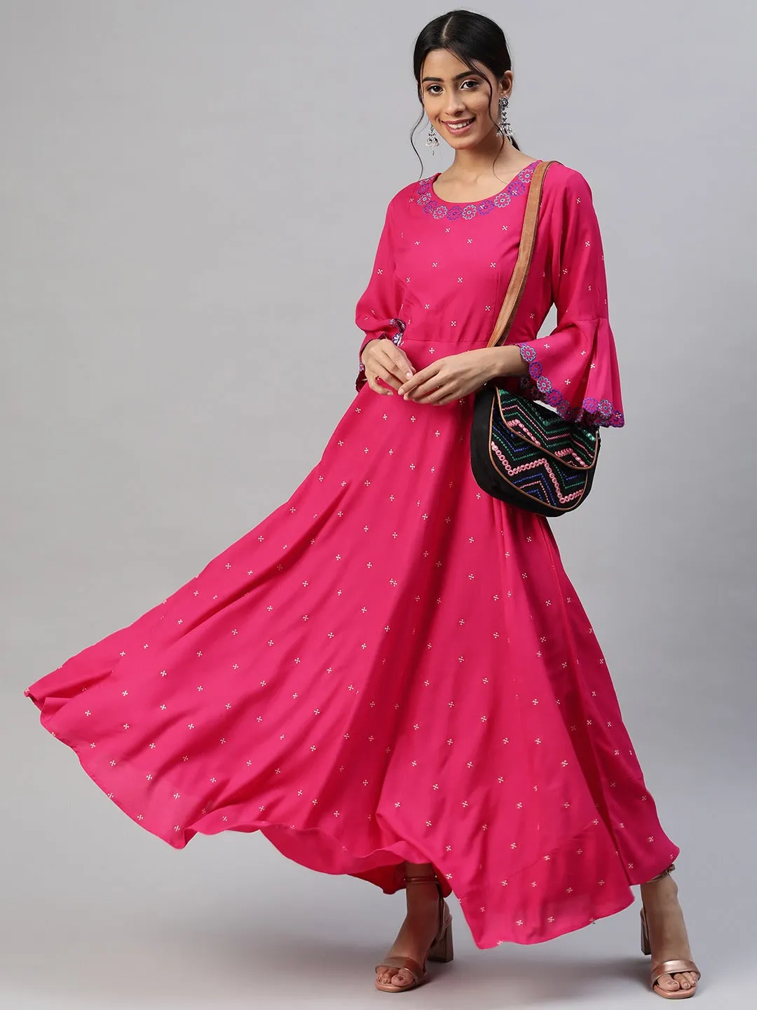 Women Pink Floral Fit  Flare Maxi Dress