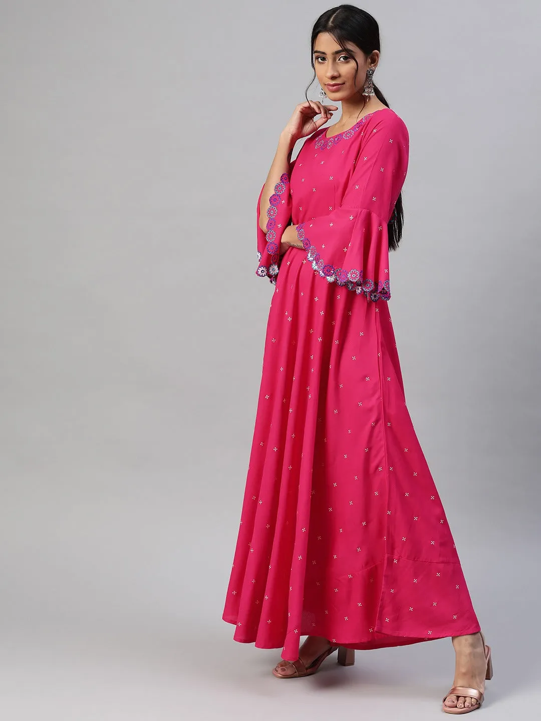 Women Pink Floral Fit  Flare Maxi Dress