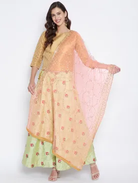 Women Pink Golden Embellished Net Dupatta