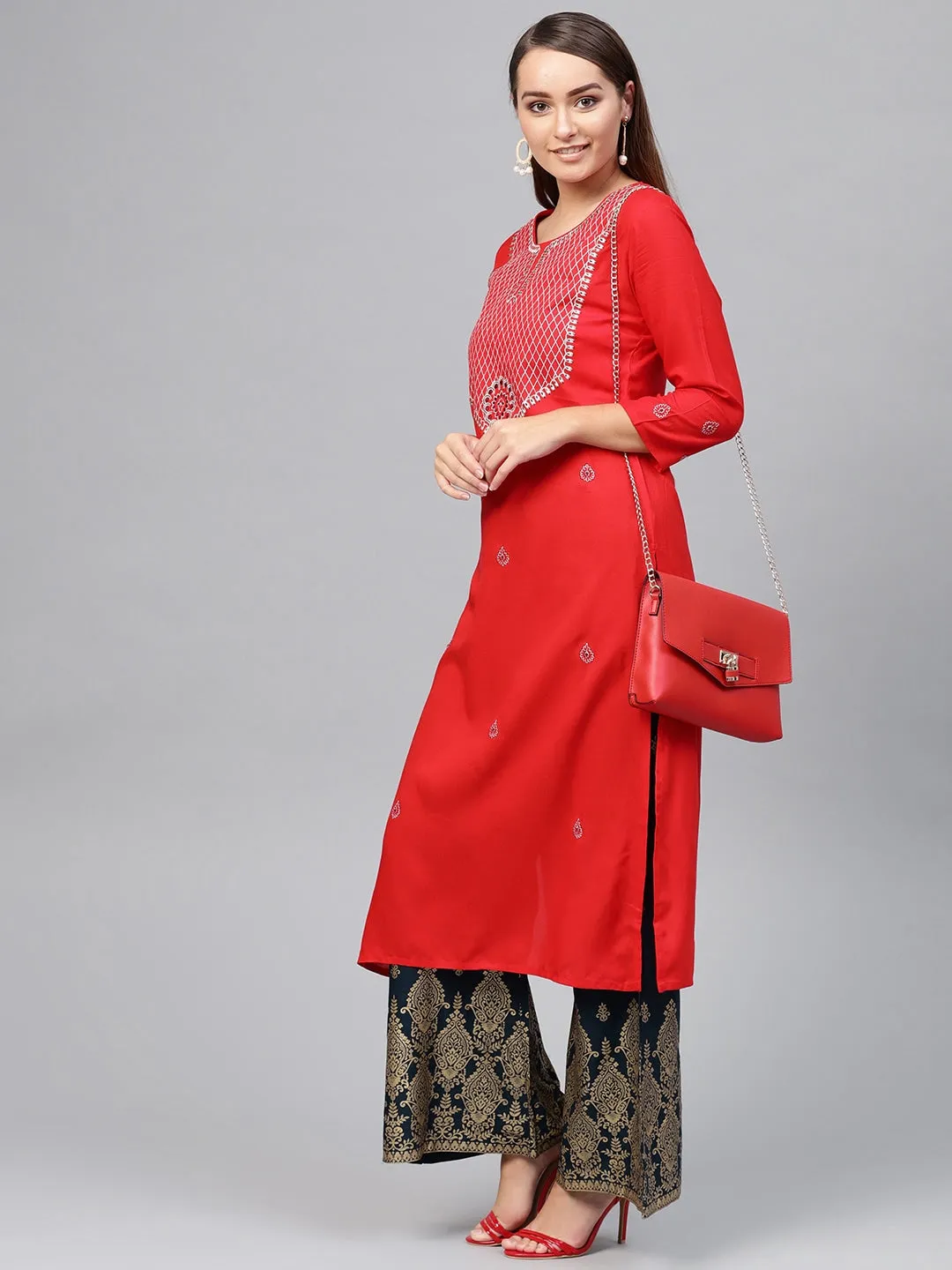 Women Red & Navy Blue Embroidered Kurta Set