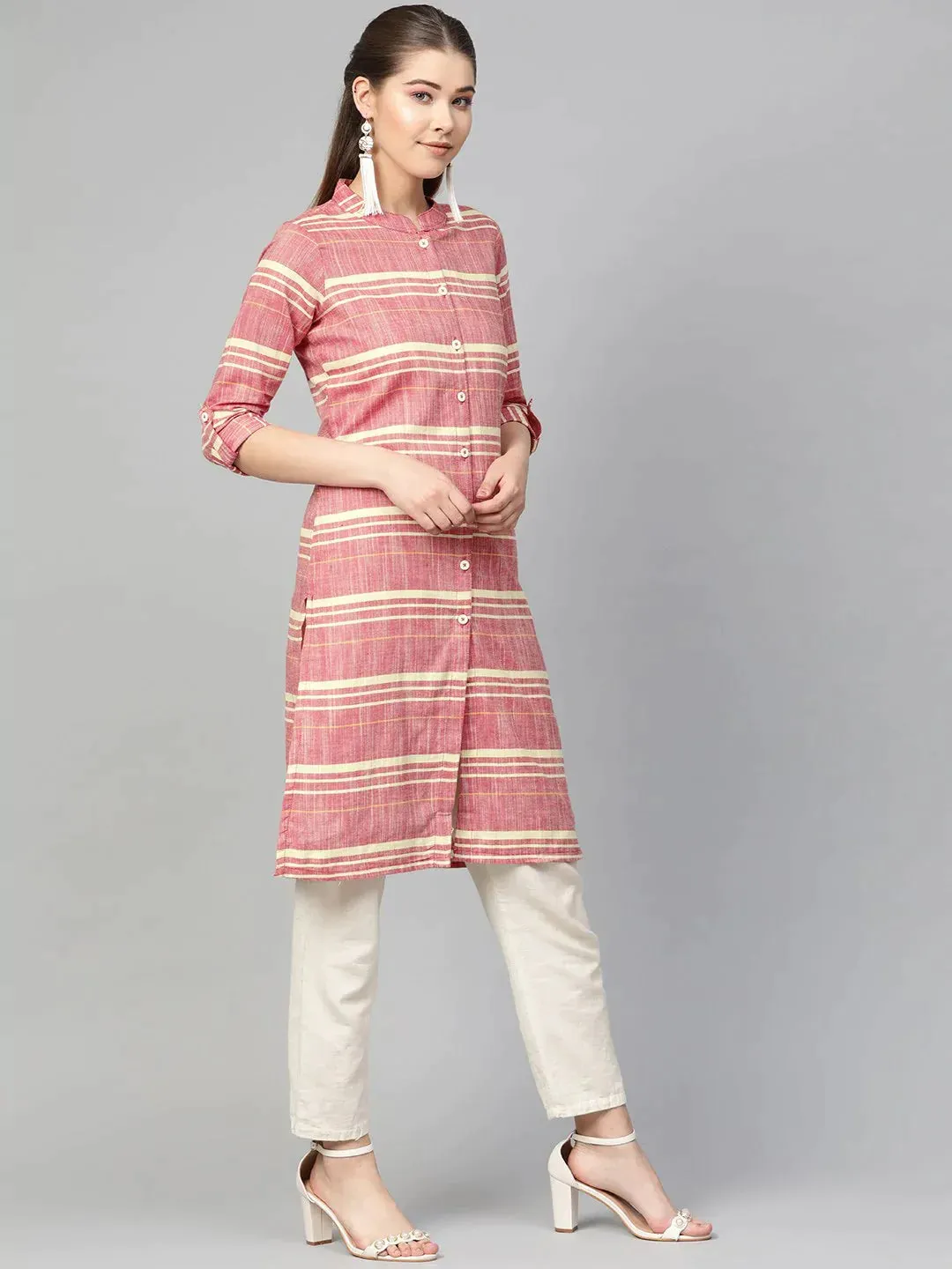 Women Red & Yellow Self-Striped Straight Kurta