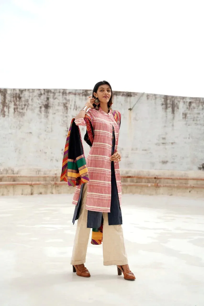 Women Red & Yellow Self-Striped Straight Kurta