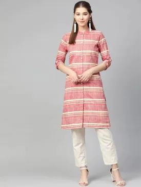 Women Red & Yellow Self-Striped Straight Kurta