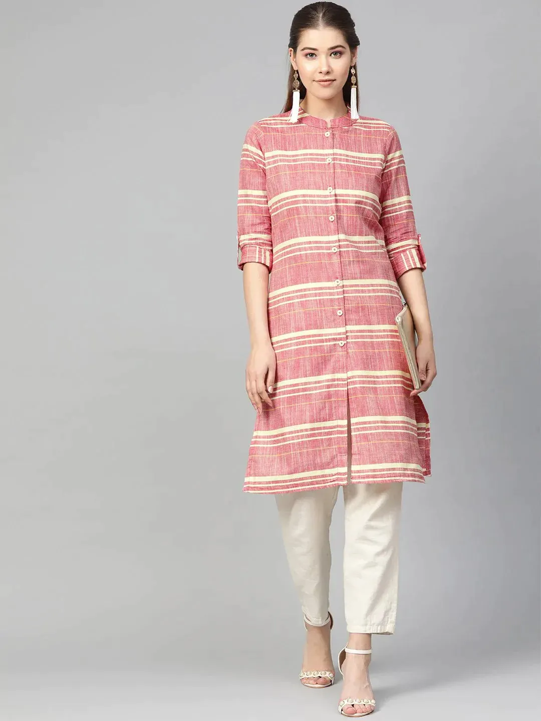 Women Red & Yellow Self-Striped Straight Kurta