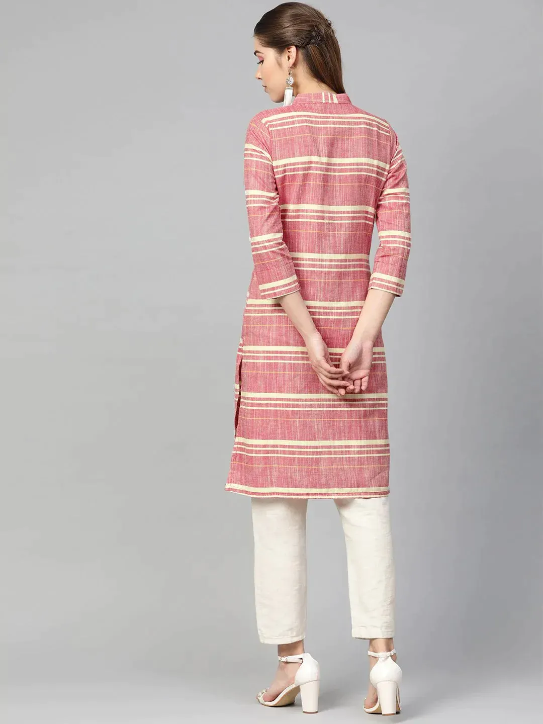 Women Red & Yellow Self-Striped Straight Kurta