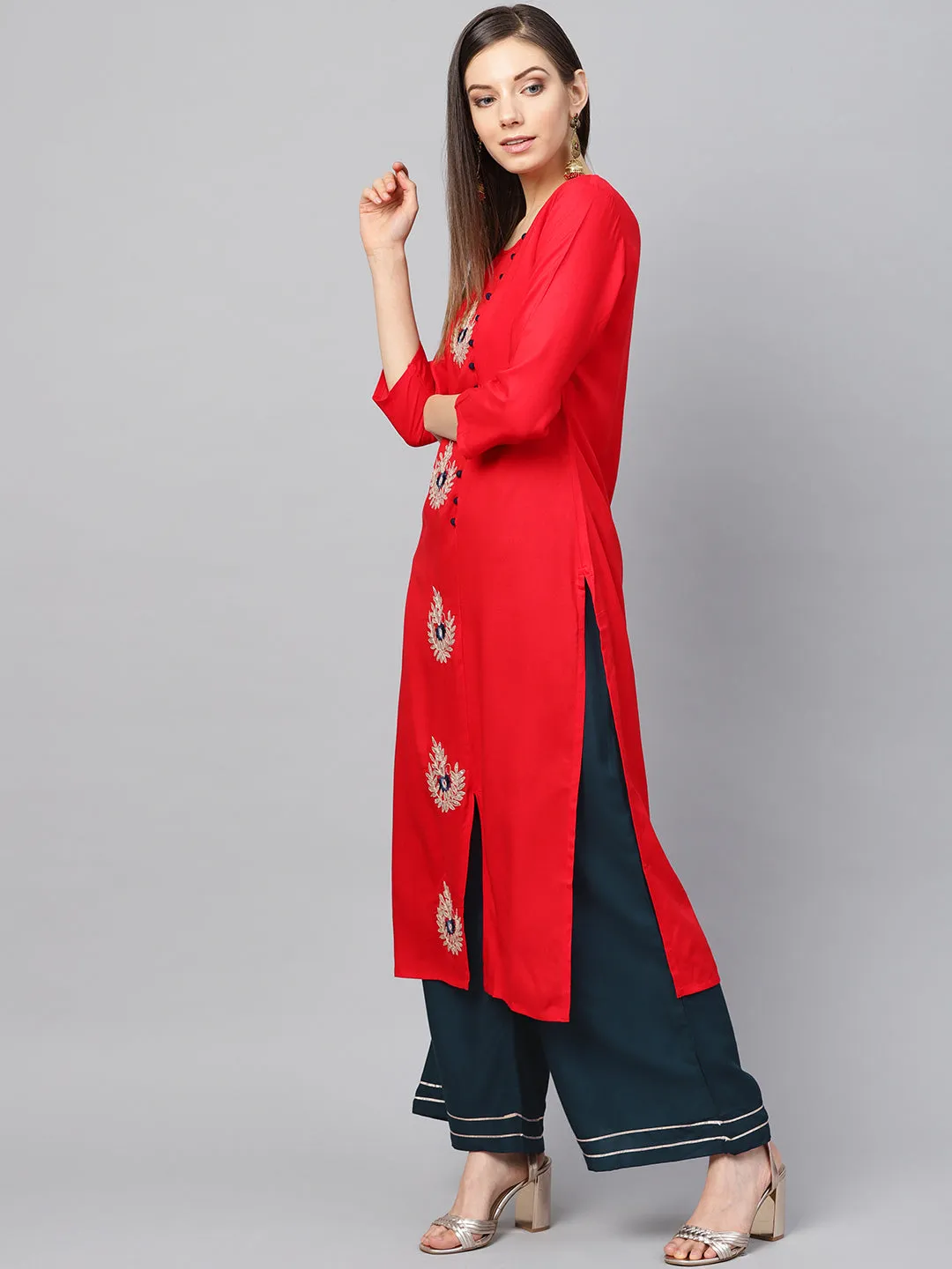 Women Red Embroidered Kurta Set