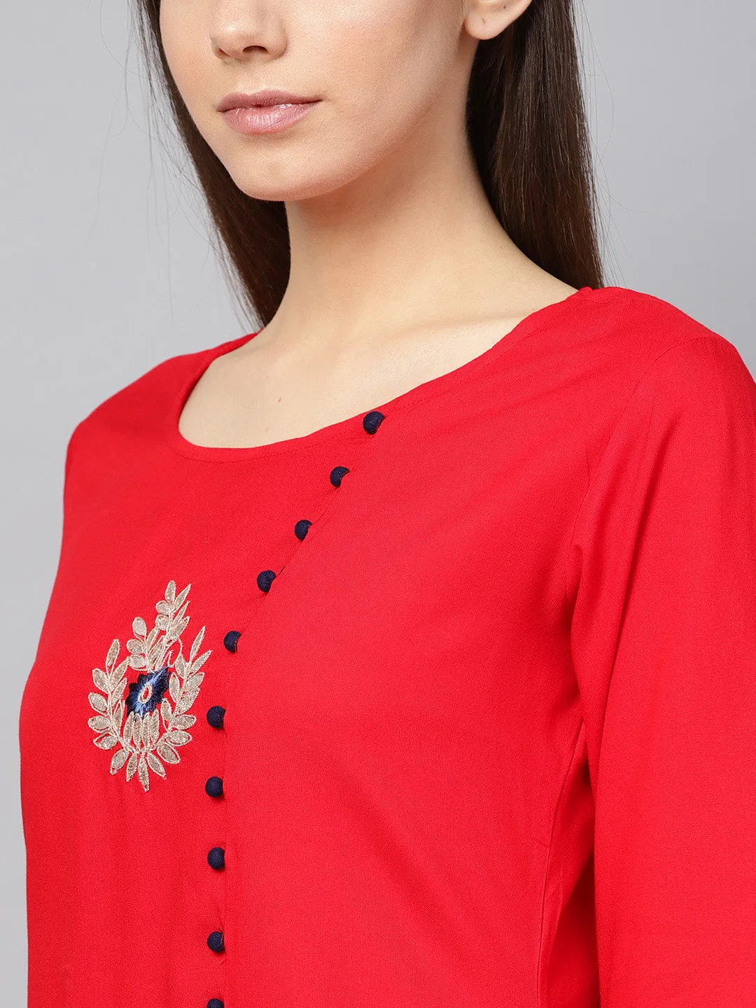 Women Red Embroidered Kurta Set