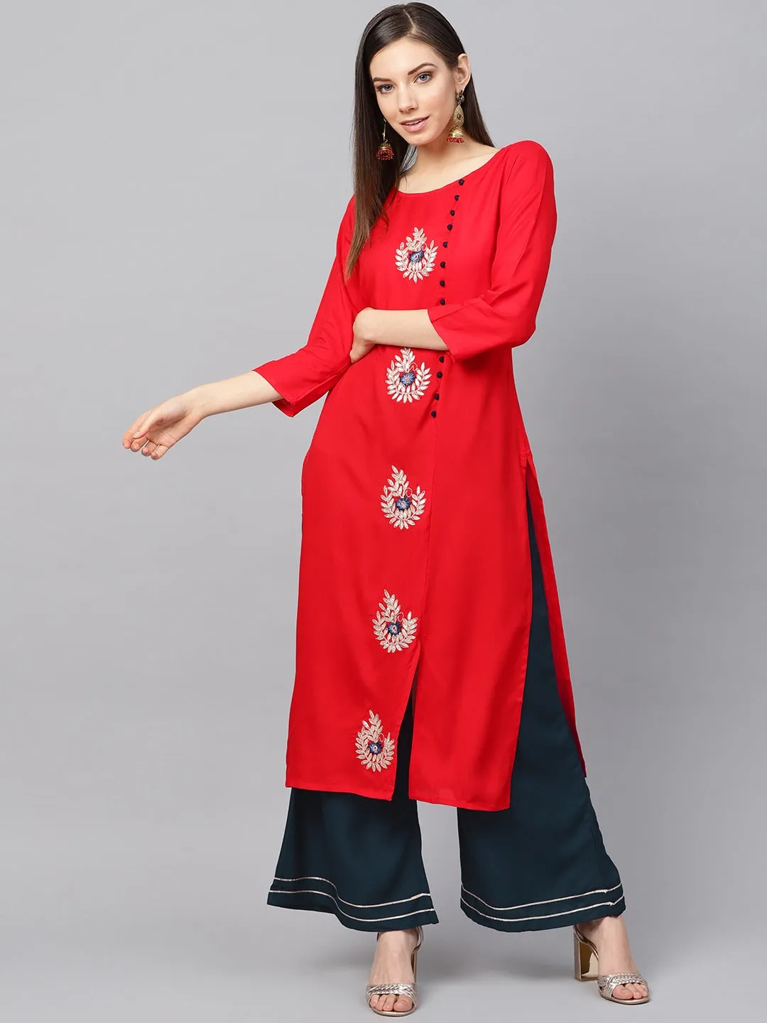 Women Red Embroidered Kurta Set