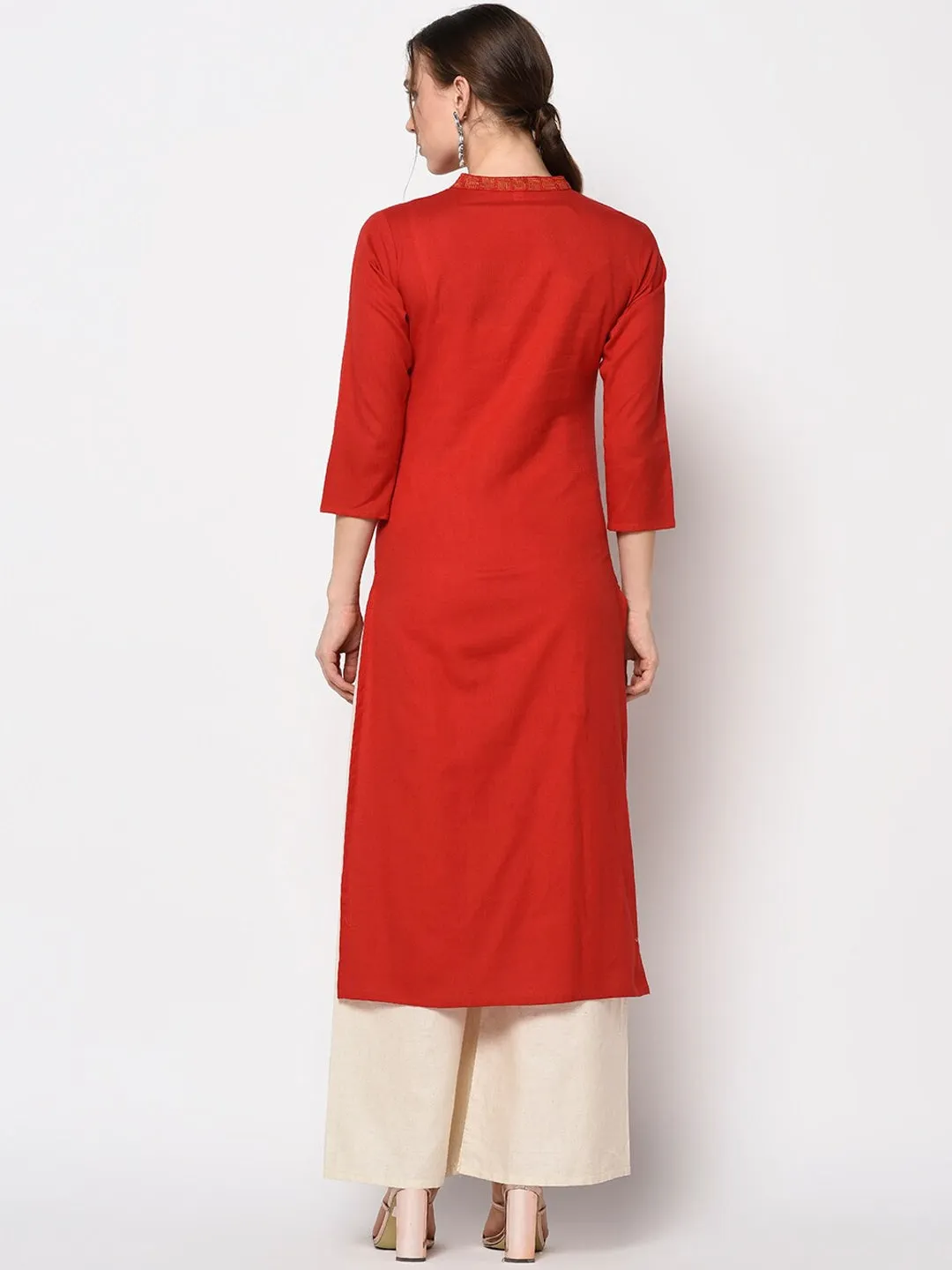 Women Red Embroidered Kurta