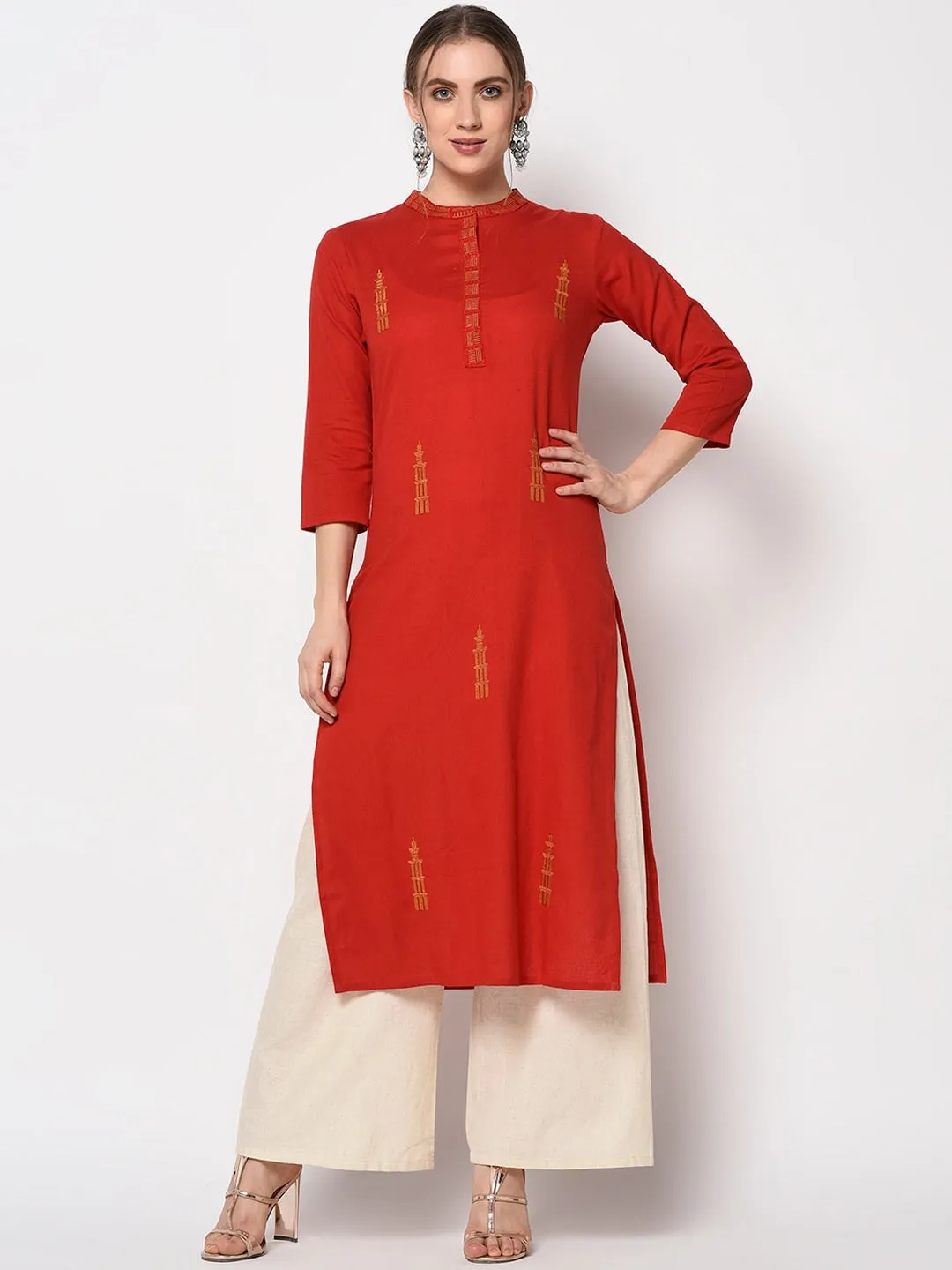 Women Red Embroidered Kurta