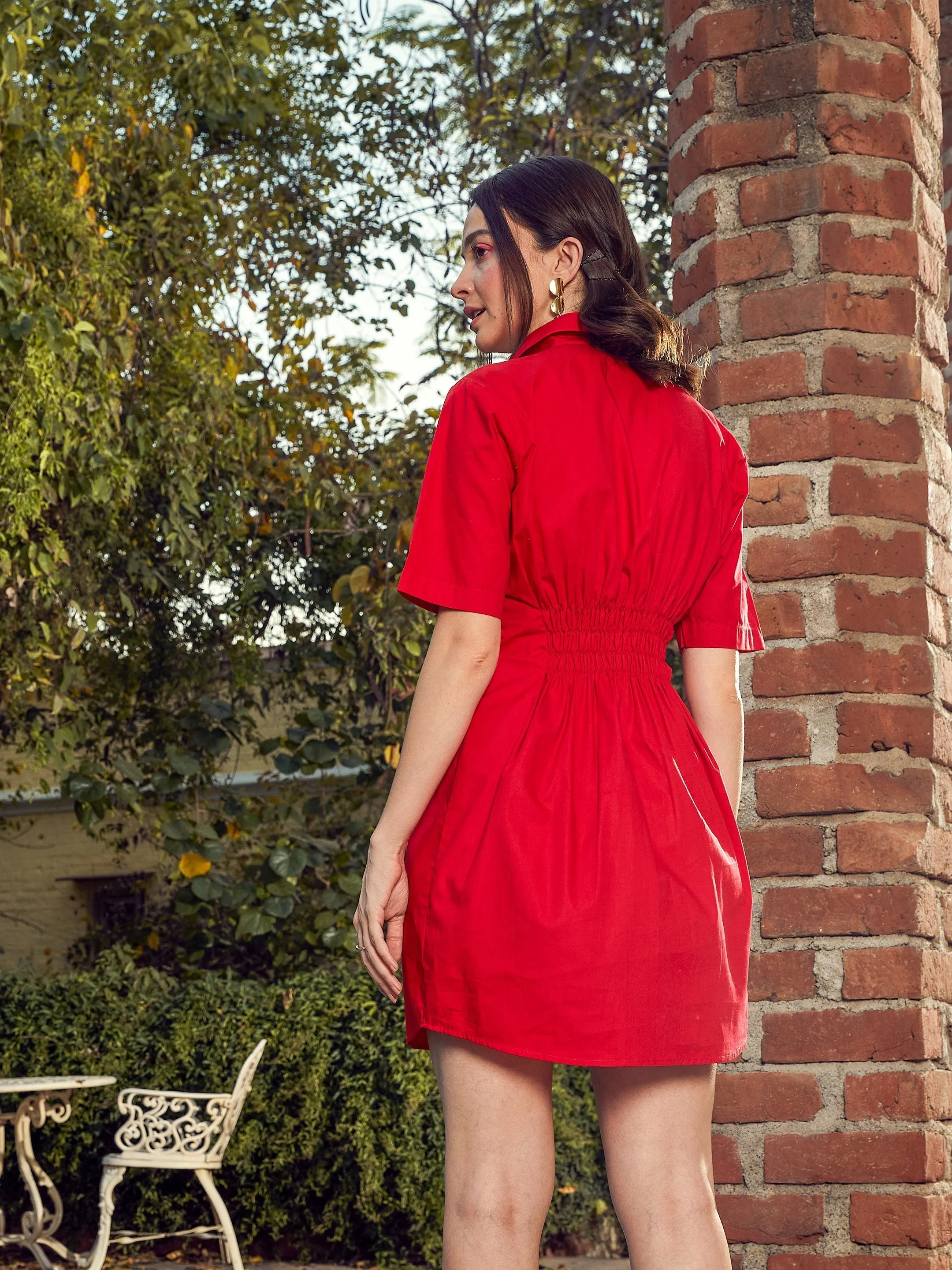 Women Red Poplin Shirt Dress