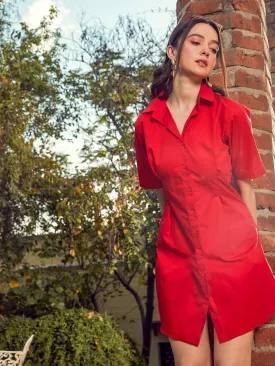 Women Red Poplin Shirt Dress