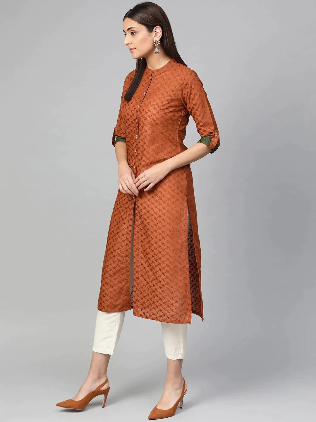 Women Rust Brown Embroidered Straight Kurta