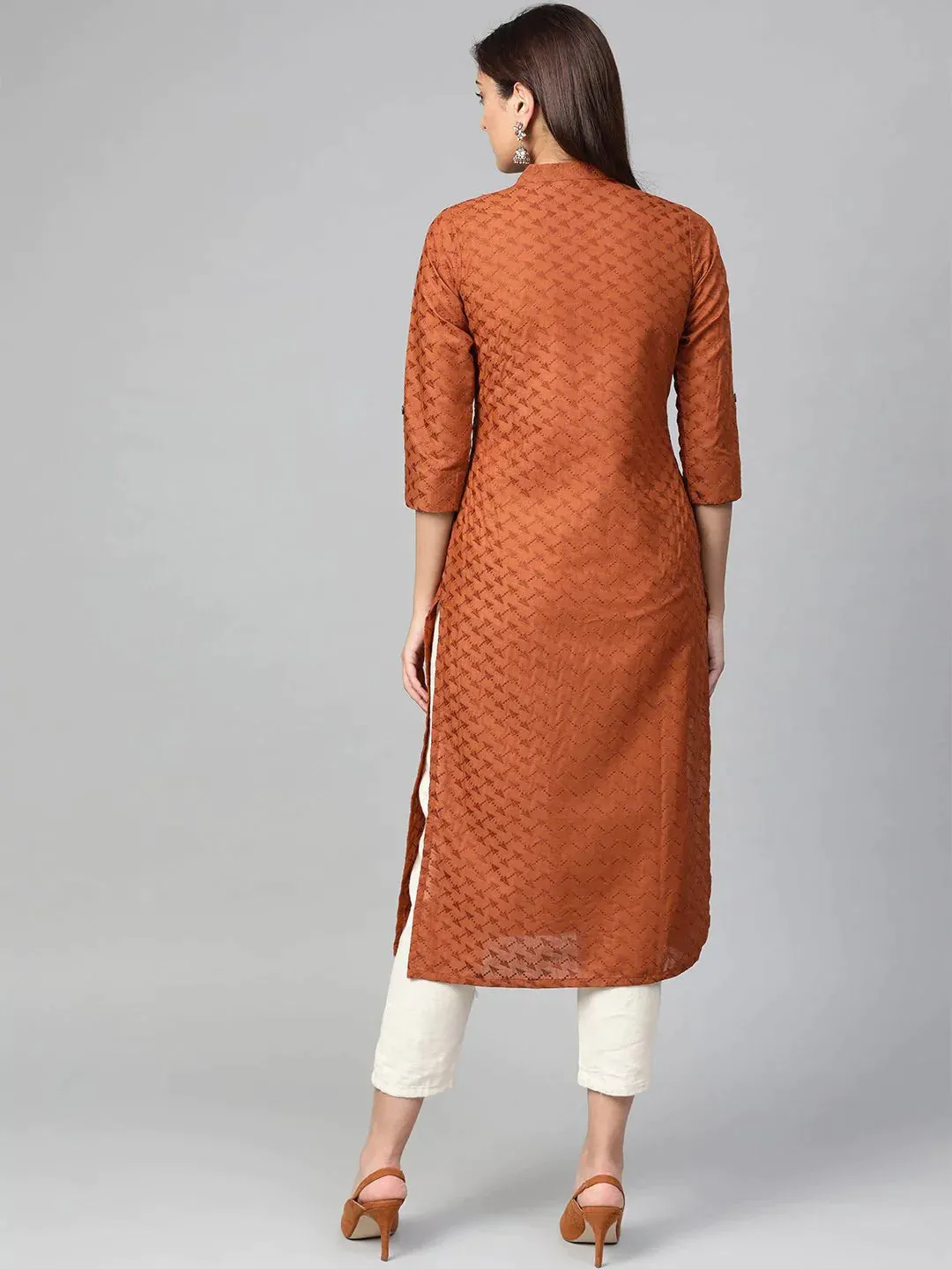 Women Rust Brown Embroidered Straight Kurta