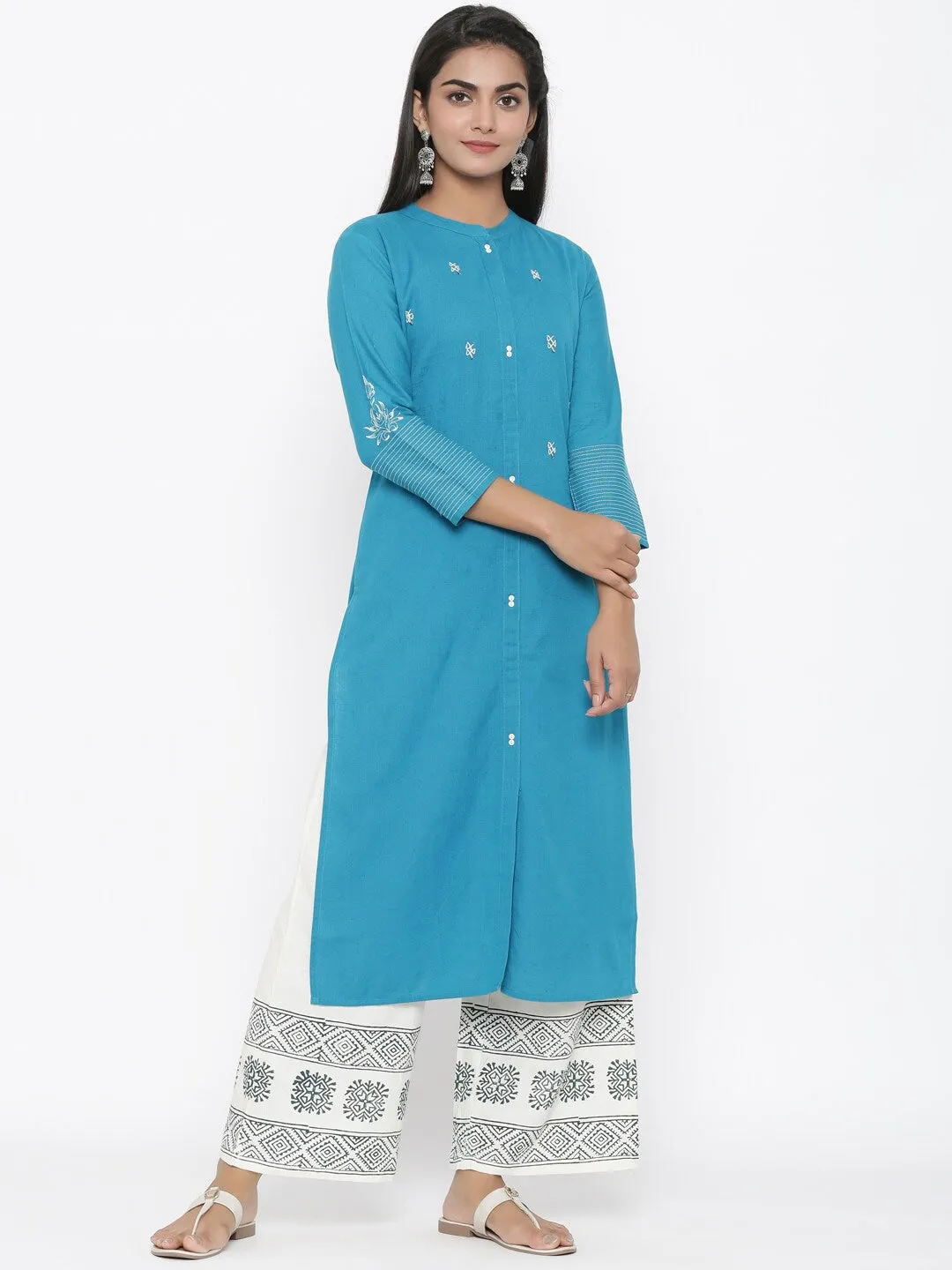 Women Teal Green Cotton Kurta Set