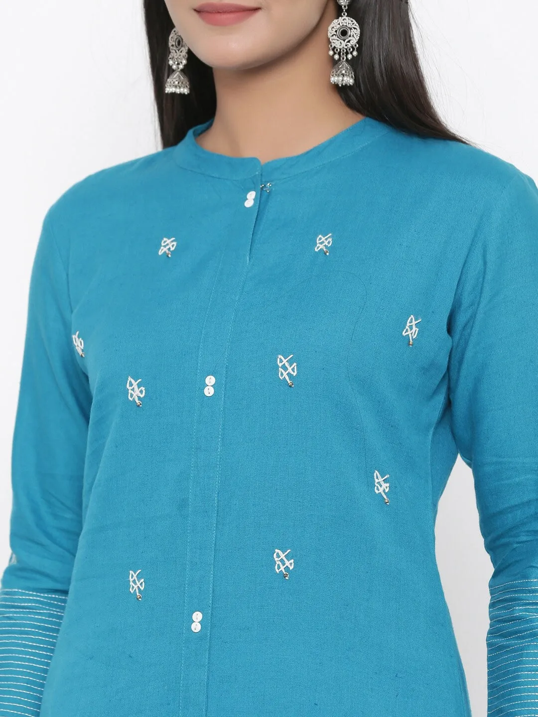 Women Teal Green Cotton Kurta Set