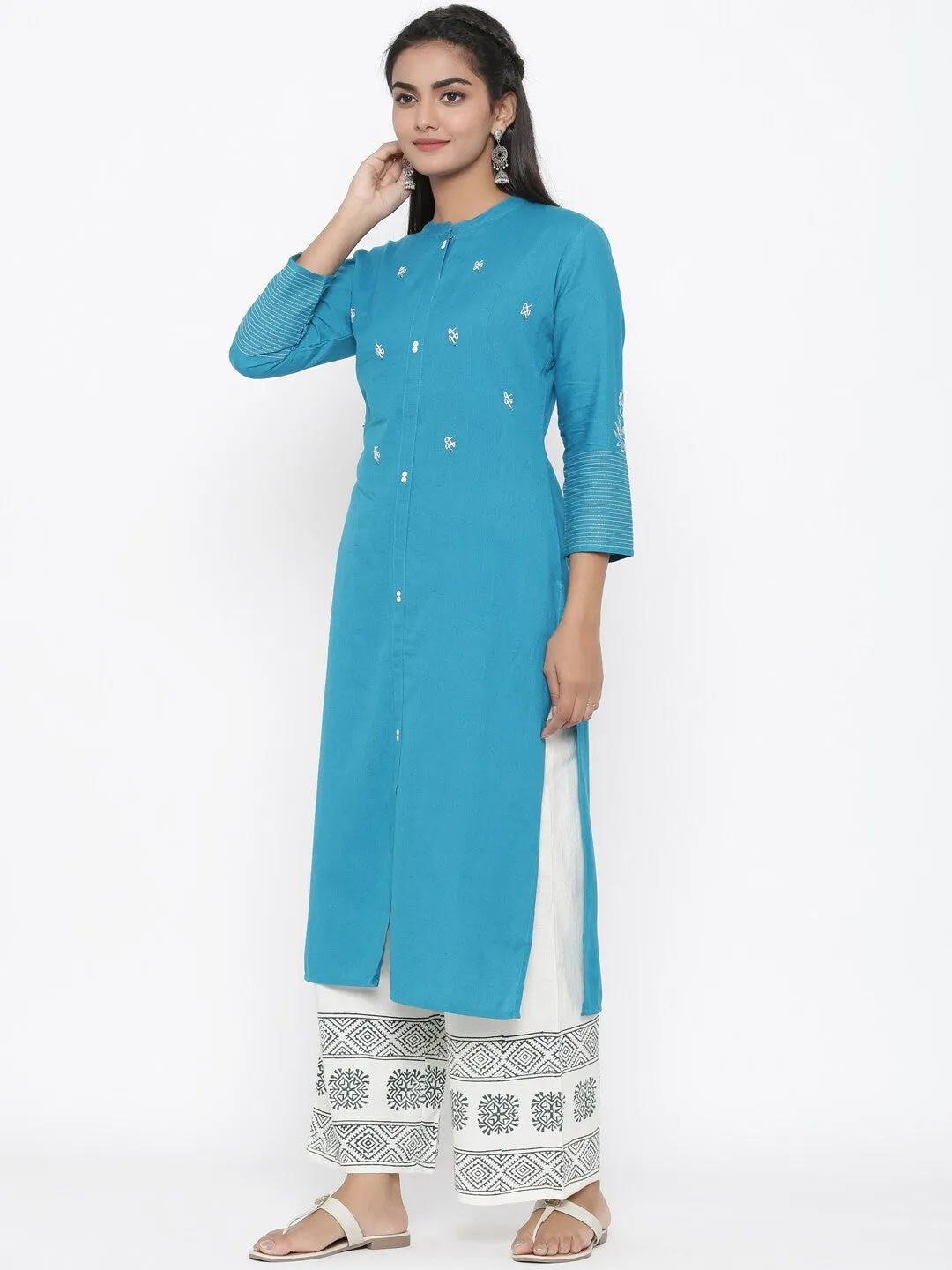 Women Teal Green Cotton Kurta Set