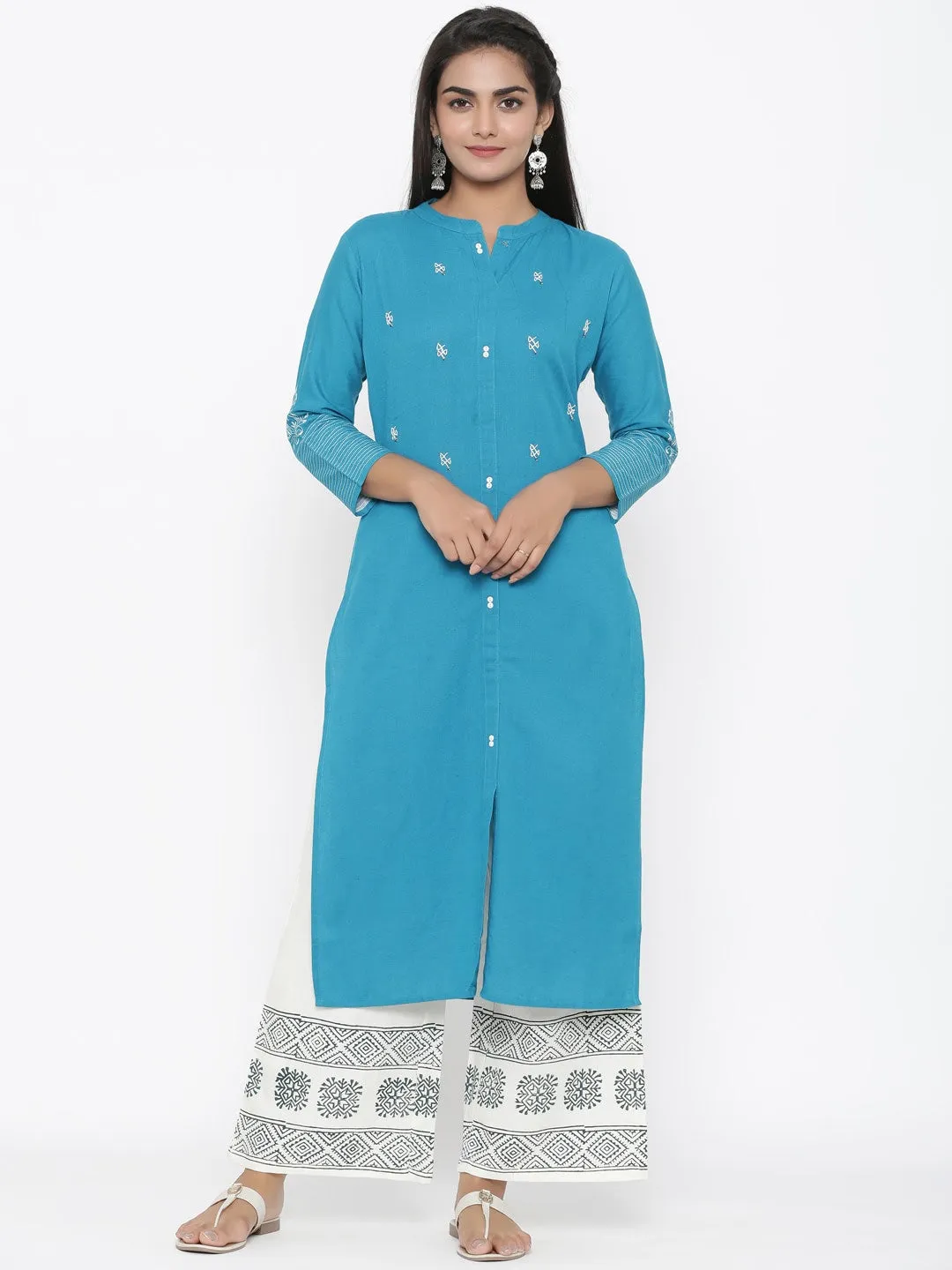 Women Teal Green Cotton Kurta Set