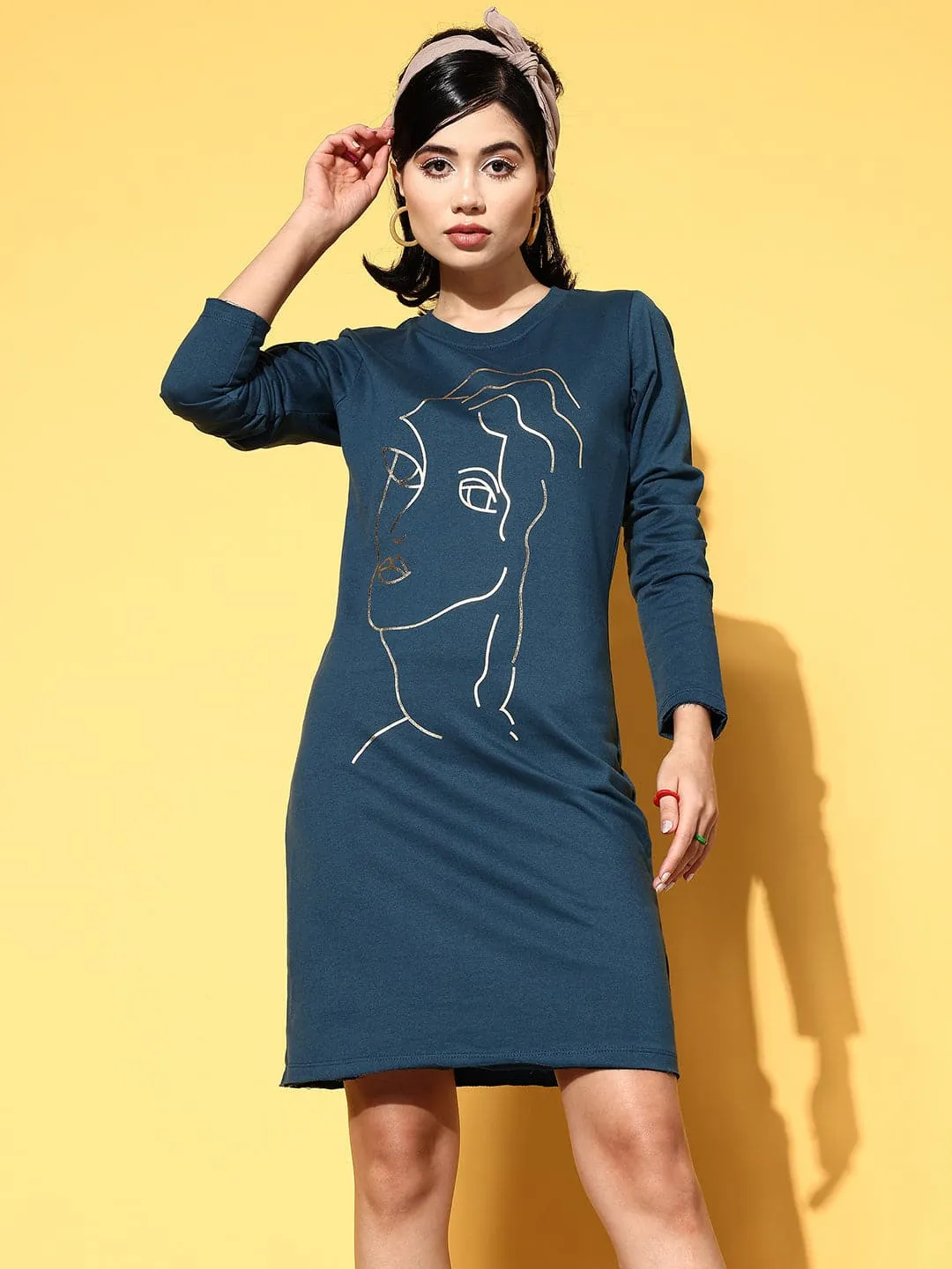 Women Teal Line Art Terry Sweat Dress