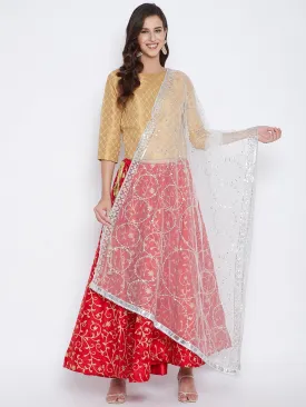 Women White Silver Embellished Net Dupatta