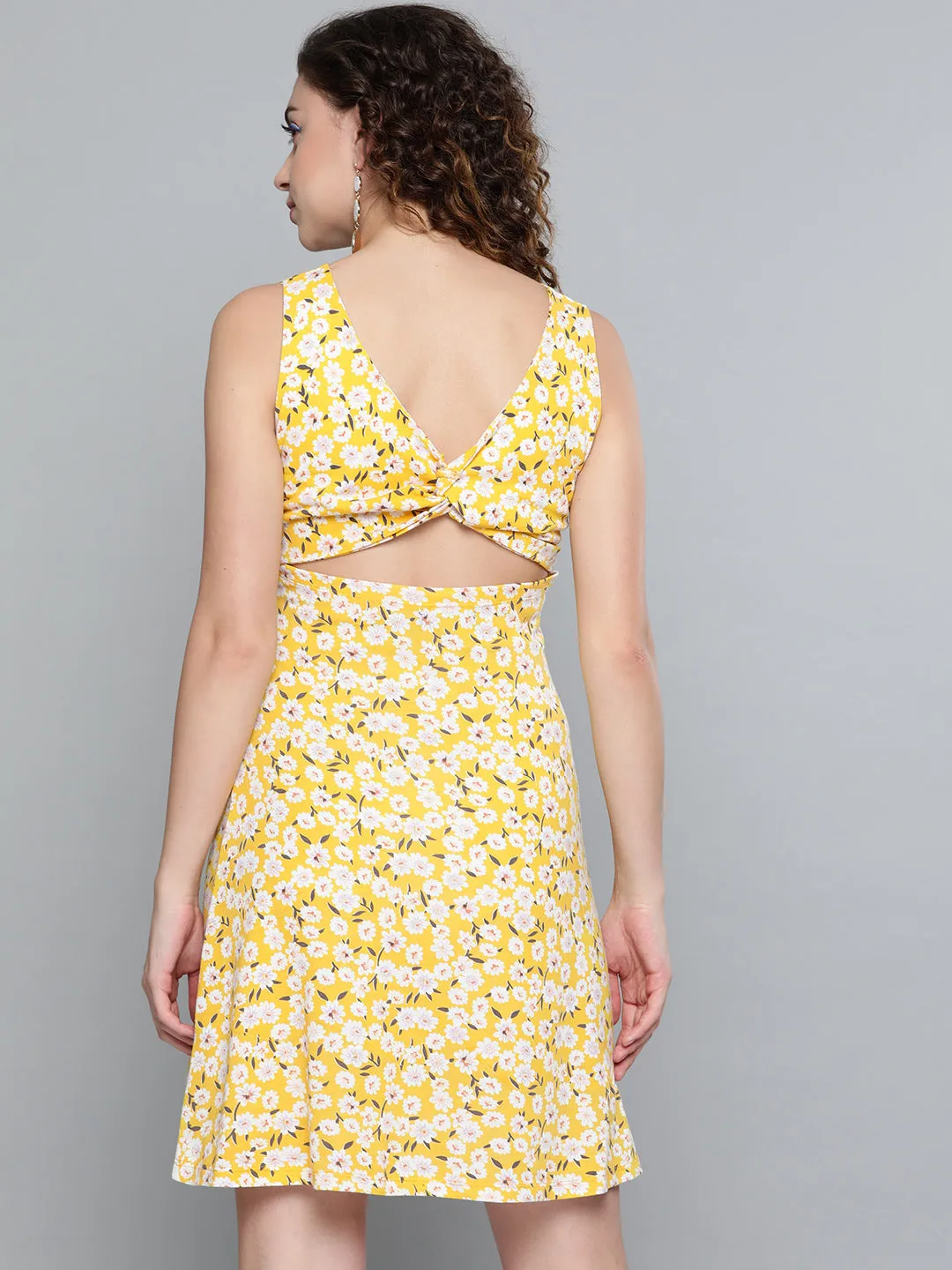 Women Yellow Ditsy Floral Back Knot Skater Dress