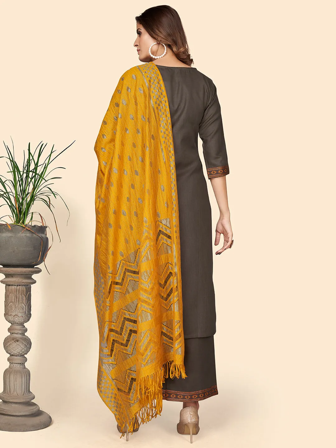 Women'S Printed Straight Cotton Blend Grey Stitched Kurta Palazzo With Dupatta