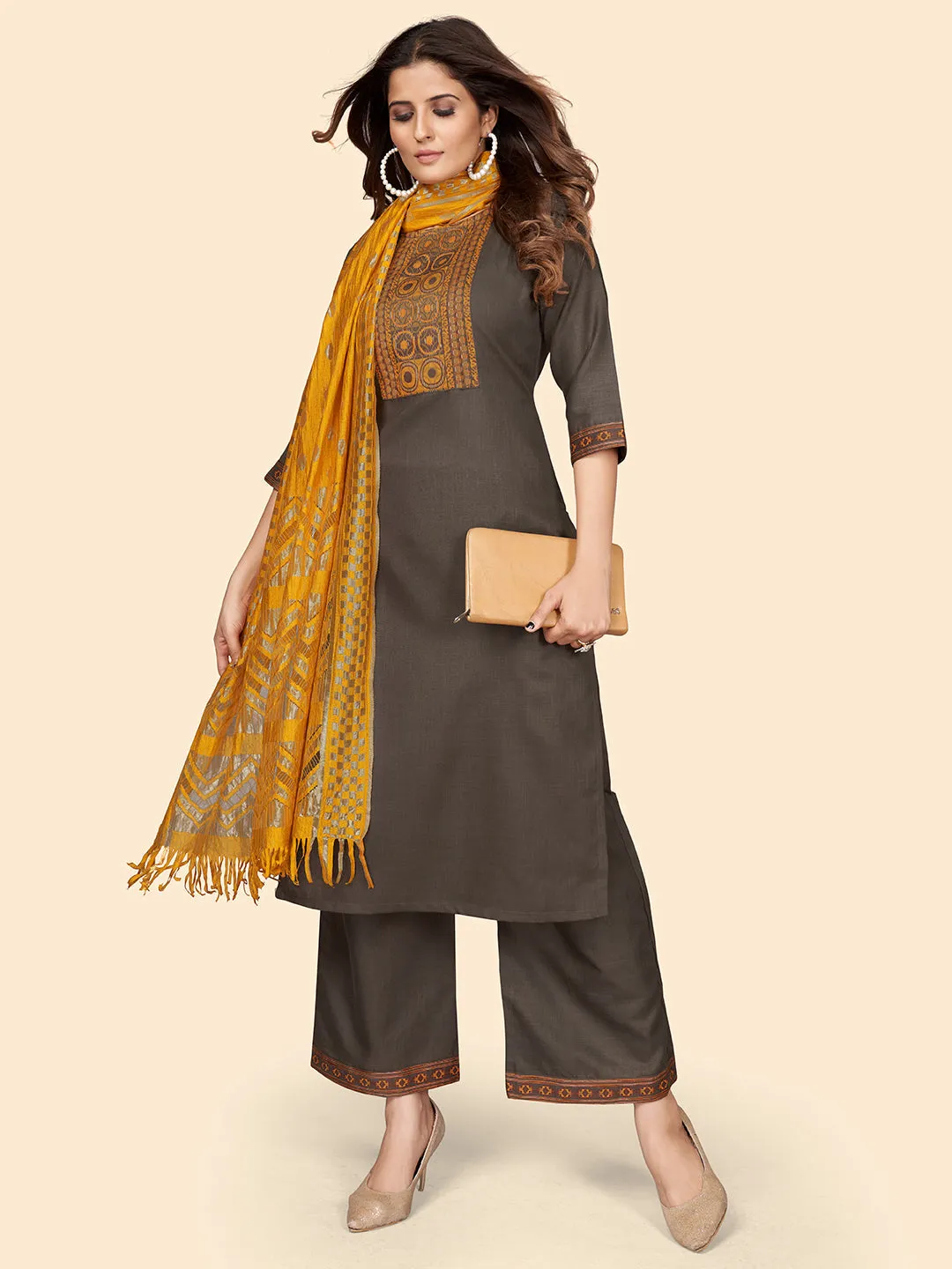 Women'S Printed Straight Cotton Blend Grey Stitched Kurta Palazzo With Dupatta