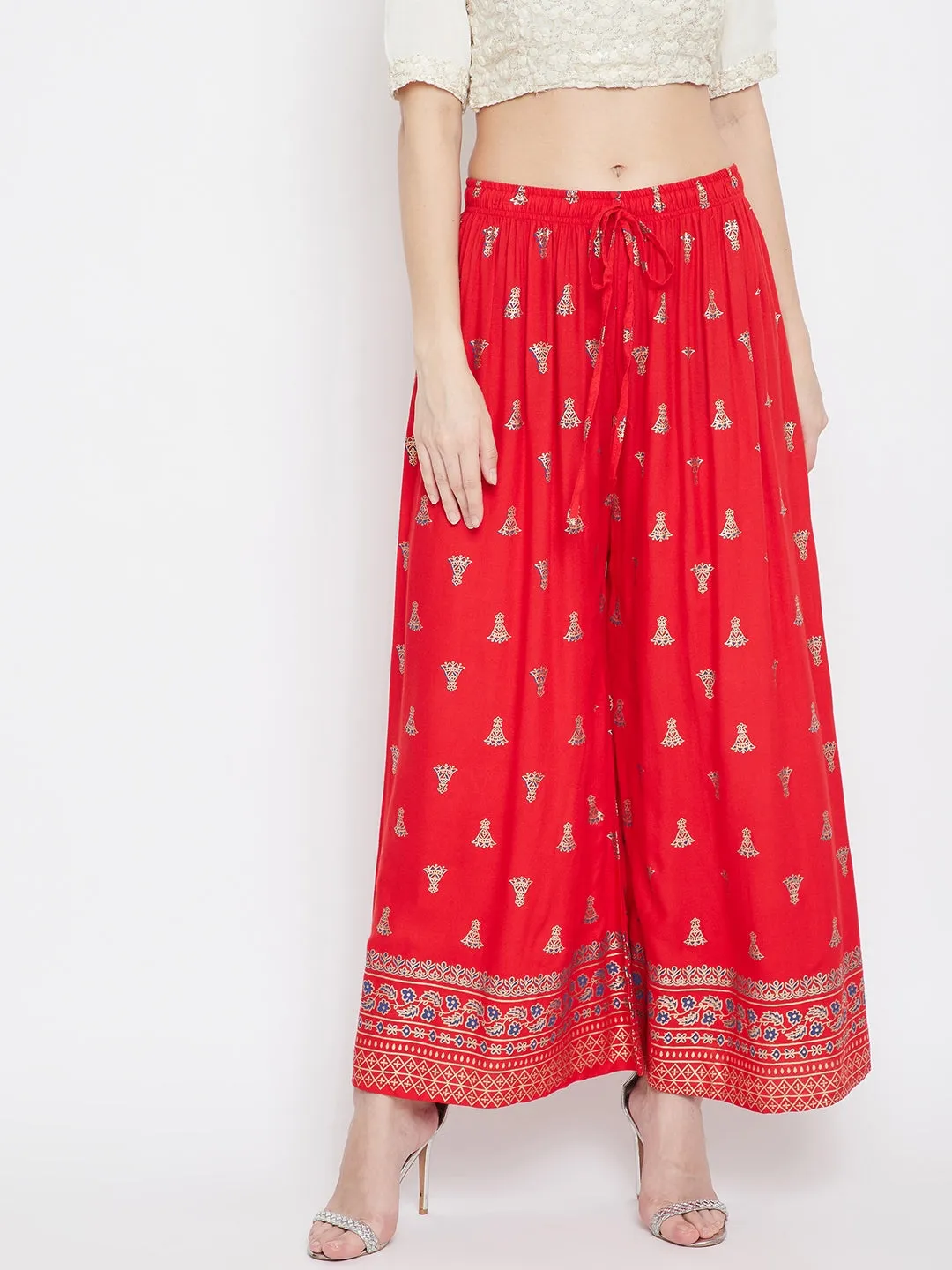 Women'S Red Printed Flared Palazzo