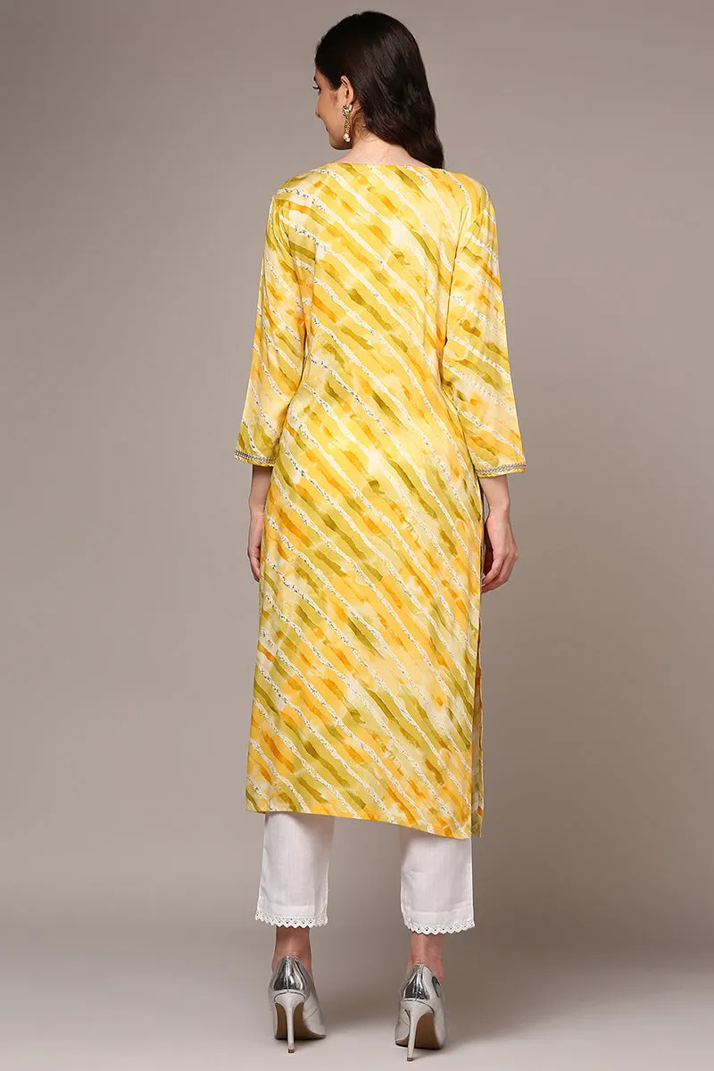 Yellow Viscose Rayon Leheriya Printed Straight Kurta