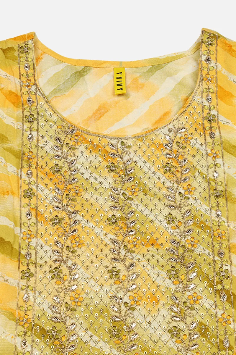 Yellow Viscose Rayon Leheriya Printed Straight Kurta