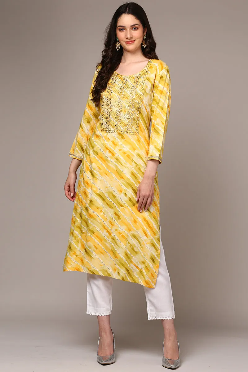 Yellow Viscose Rayon Leheriya Printed Straight Kurta