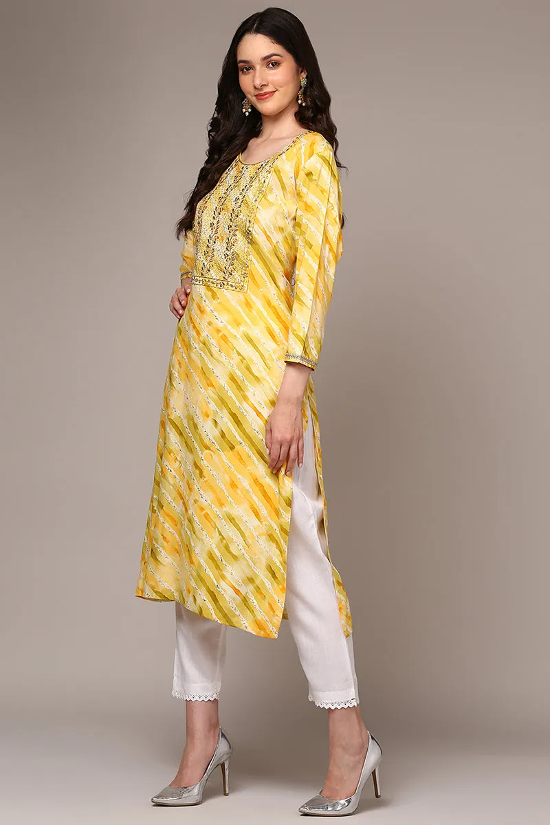 Yellow Viscose Rayon Leheriya Printed Straight Kurta