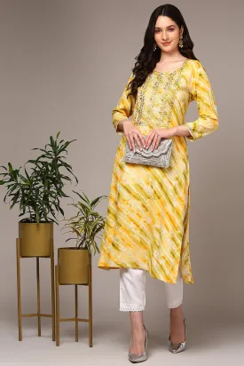 Yellow Viscose Rayon Leheriya Printed Straight Kurta